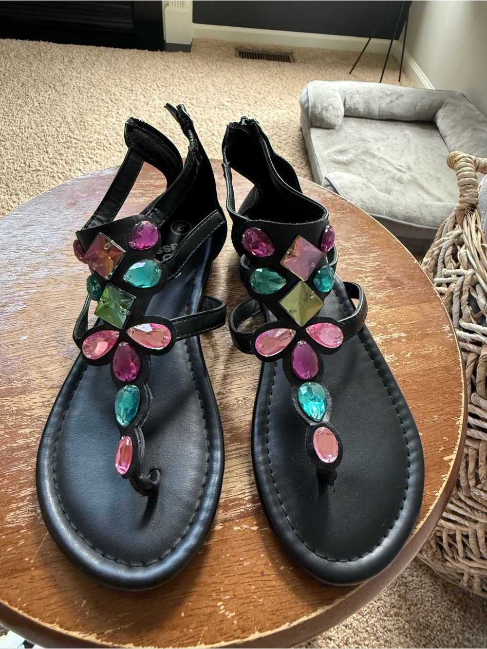 Black girls Jeweled T-Strap Sandals with Multicolor Gem Accents